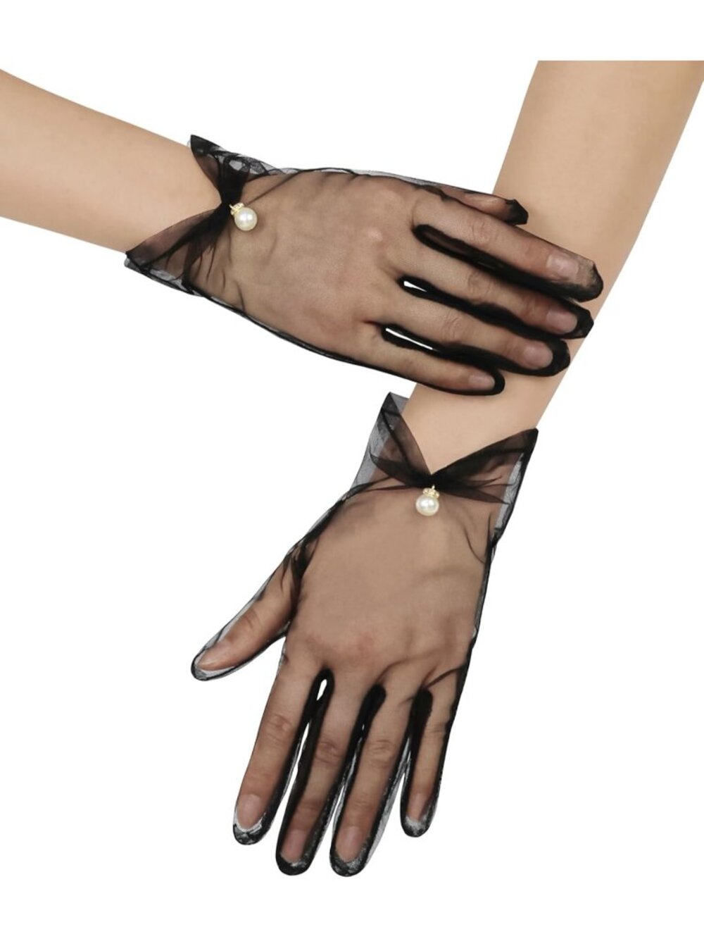 Women's Black Short Pearl 1920s Formal Bridal Wedding Wrist Tulle Gloves